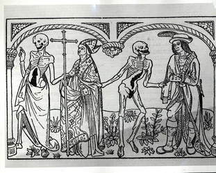 Śmierć zabiera biskupa i szlachcica, z Tańca śmierci, wydano w Paryżu, 1485
